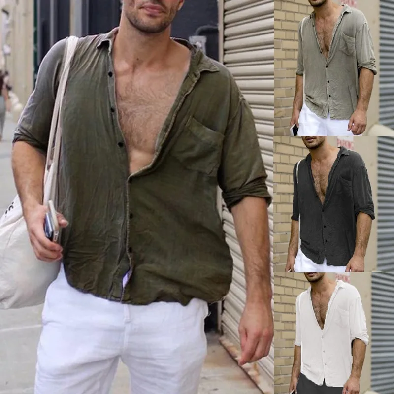 

Puimentiua Mens Summer Linen Blouse Short Sleeve Baggy Buttons Solid Comfortable Pure Casual Loose Holiday Shirts Tee Tops