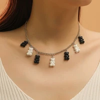 funny black white small bear pendant necklaces for women fashion punk silver color chain short necklaces femme bijoux collares