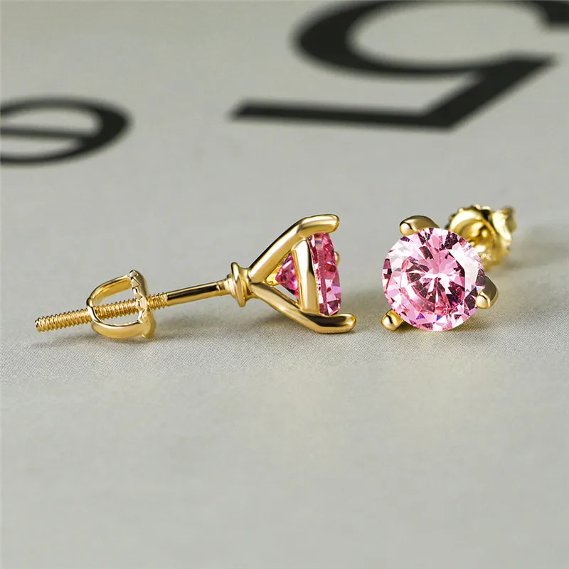 Pink RongXing 6 мм круглый циркон три зубец серьги гвоздики для женщин Винтаж Желтое золото Заполненные Радужная серьга разноцветные ювелирные изделия подарок - Окраска металла: Pink