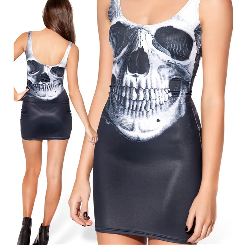 

Newest Women Summer Skull Print Bodycon Mini Dress Digital Print Sleeveless White Skull Sundress Clubwear