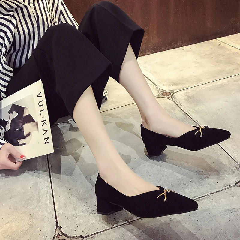 

Female Shoes Pointed Toe Soft Leather Square Office Comfortable Heel High Heels pumps women Shoes Simple Wild Shallow U14-24