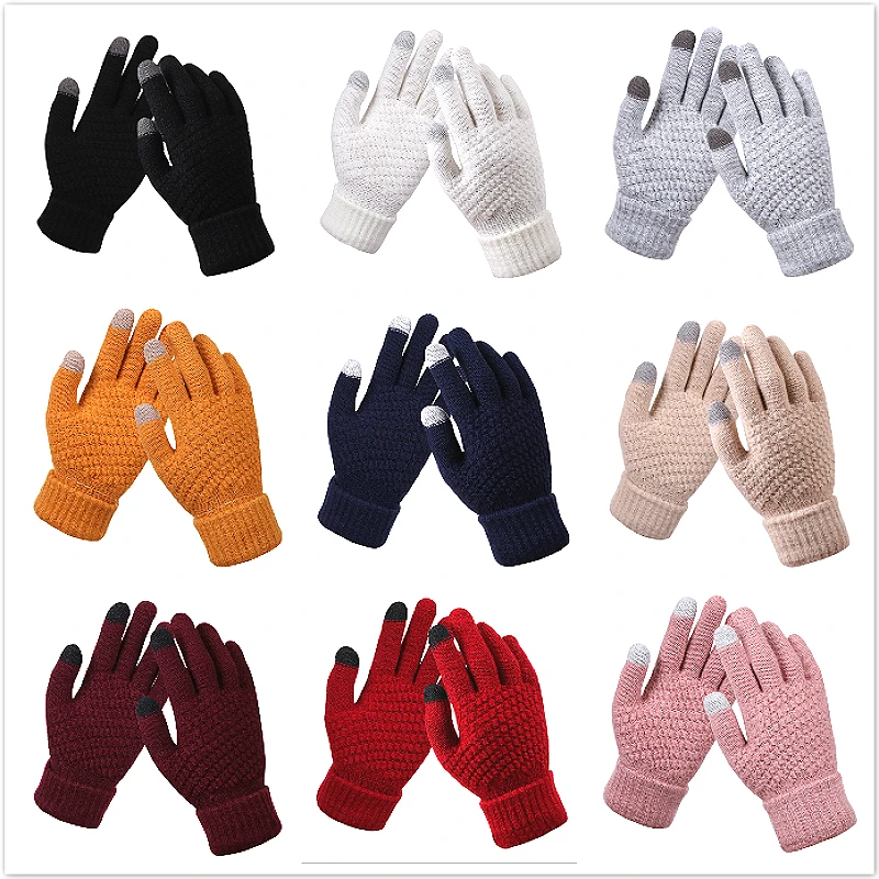 

1pair Sell Women's Cashmere Wool Knitted Gloves Winter Warm Thick Touch Screen Gloves Solid Mittens for Mobile Phone Tablet Pad