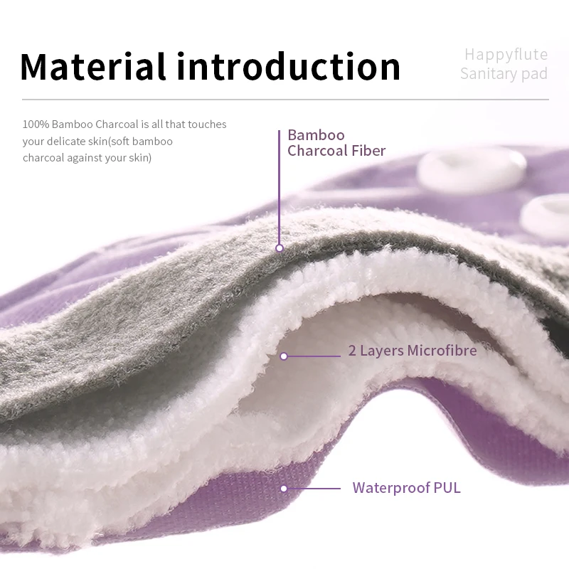 Happyflute-compresas de carb&oacute;n de bamb&uacute;, toallas sanitarias reutilizables, lavables, maternidad, menstruales, 10 Uds.-2