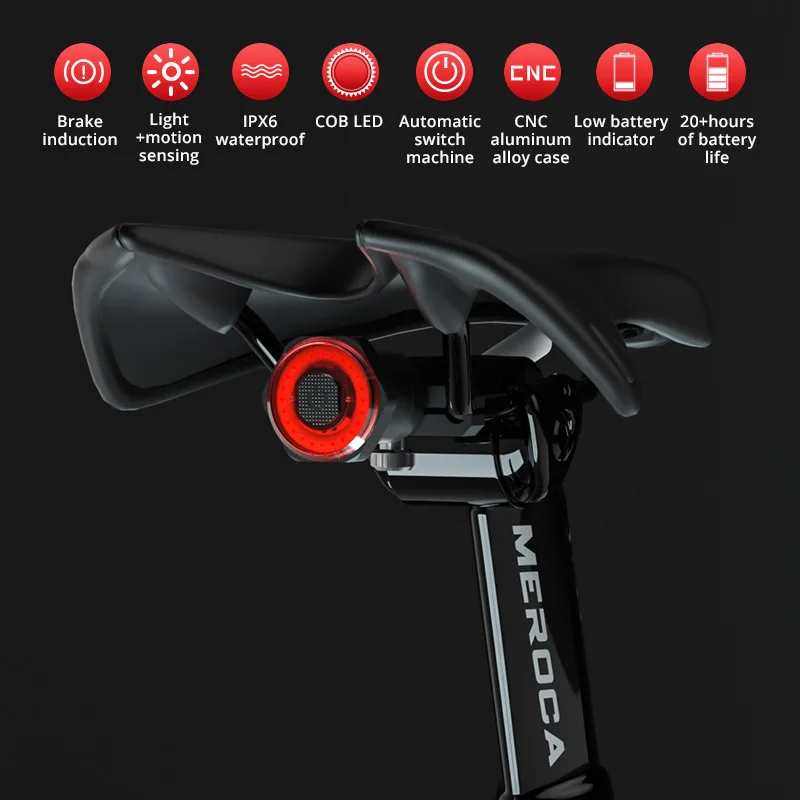 MEROCA USB Charging Brake Sensing Flashlight For Bicycle Bike Rear Light Auto Start/Stop IPx6 Waterproof LED Cycling Taillight |