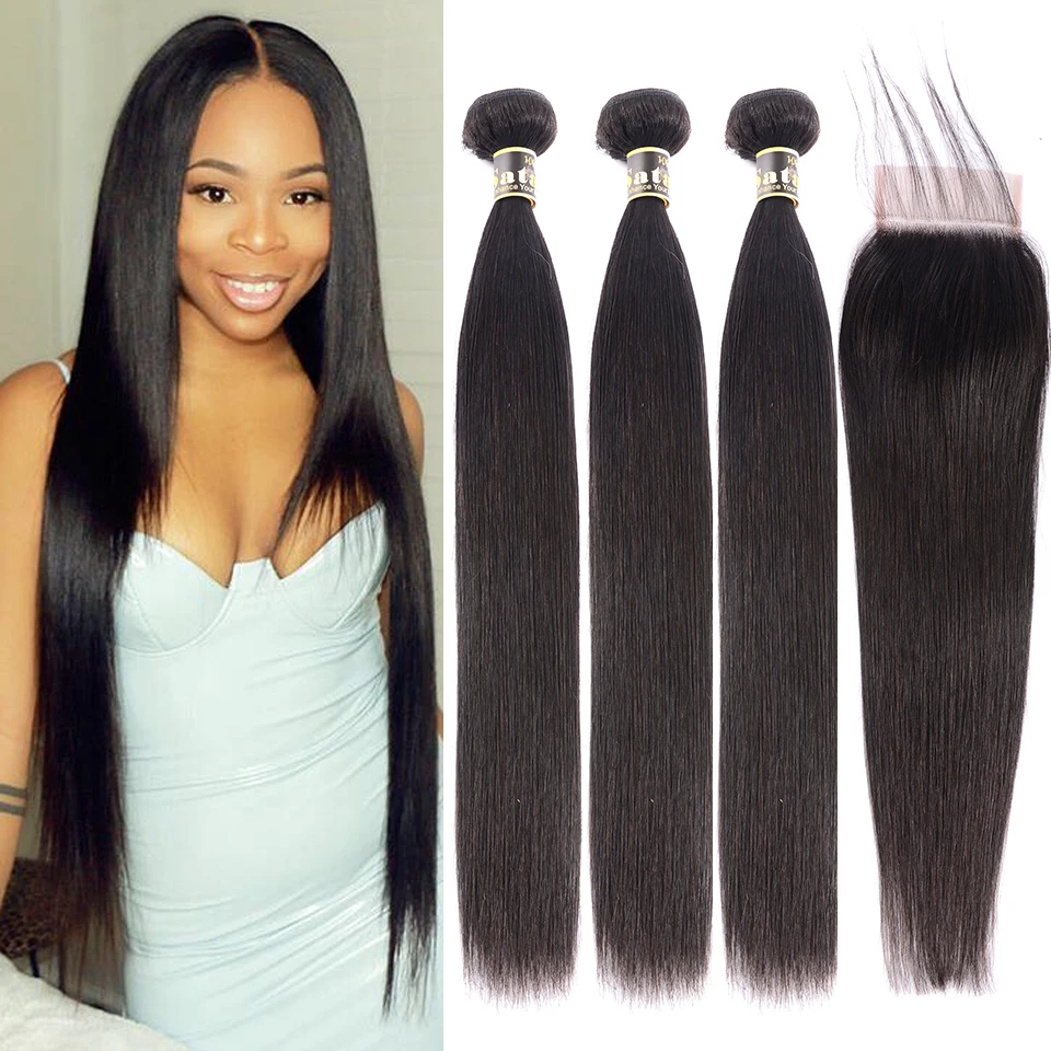 

Satai Straight Human Hair Bundles With Closure Brazilian Hair Weave Bundles 30 inch Bundles With Closure Medium Ratio Remy Hair