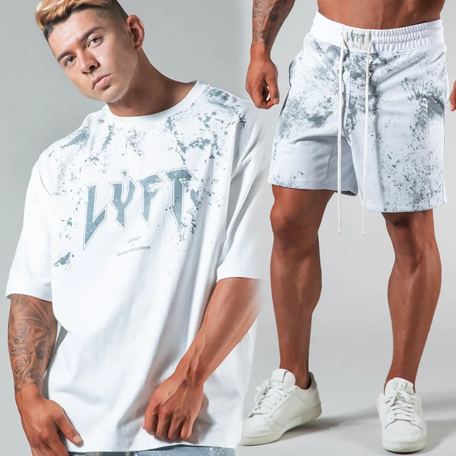 

2021 New Men T-shirt + Shorts Set Summer Breathable mesh Casual tshirt Running Fashion Harajuku Printed Male Short sleevs Suit