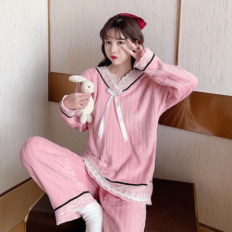 

Thick Coral Fleece Women Pajamas Set Nightwear Winter Warm Sleewpear Pijamas Suit Lace V-Neck Trouser Suits Loose Home Clothes