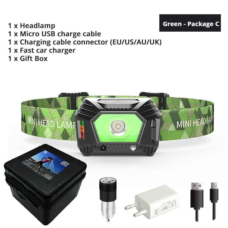 Green - Package C Светодиодный мини-налобный фонарь с инфракрасным датчиком и дисплеем батареи, USB Перезаряжаемый водонепроницаемый ночной ходовой фонарь для рыбалки - Испускаемый цвет: Green - Package C