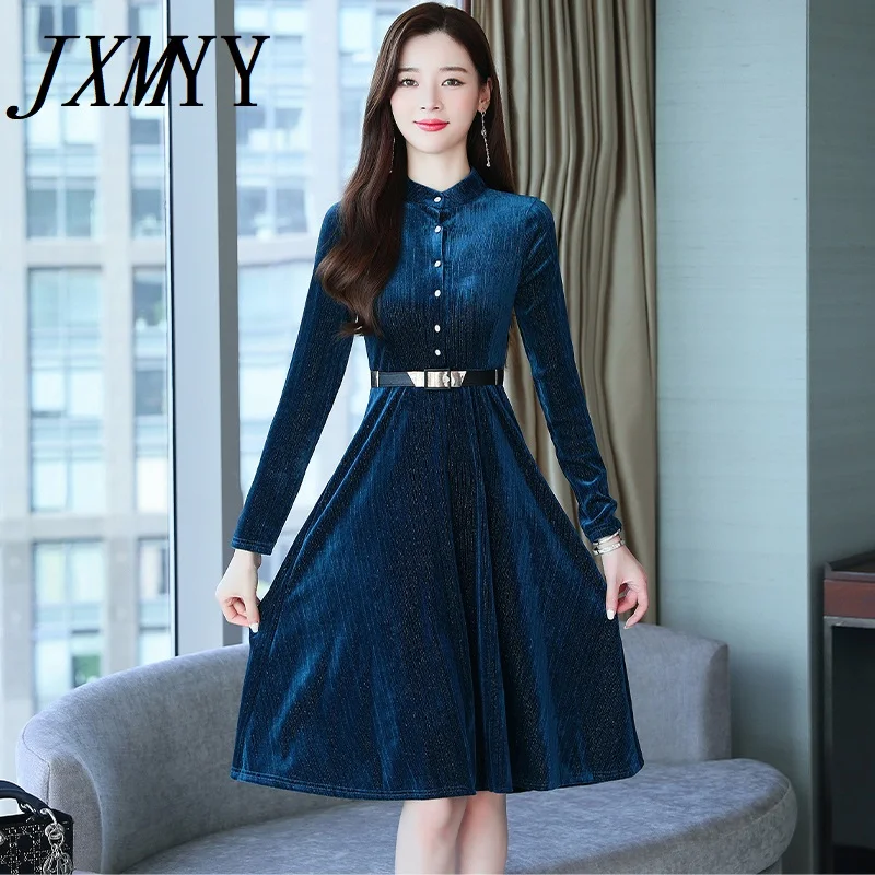 JXMYY 2021 Золотое бархатное платье с длинным рукавом женское весеннее и осеннее