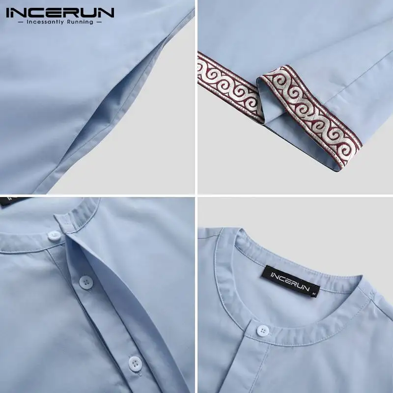

INCERUN Men Muslim Jubba Thobe Islamic Arabic Patchwork Caftan Long Sleeve Casual Robes Vintage Duabi Saudi Arabia Abaya Kaftan