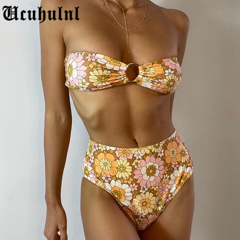 

Bandeau swimsuit women High waist bikini 2021 Off-shoulder swimwear female Ring swimming suit Sexy bathing suit biquini