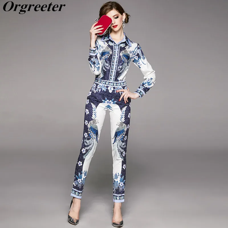 

2020 Spring Fashion Pants Suits Women's Catwalk Long Sleeve Print Shirt and Elegant Animal Print Pencil Pants Two Pieces Set