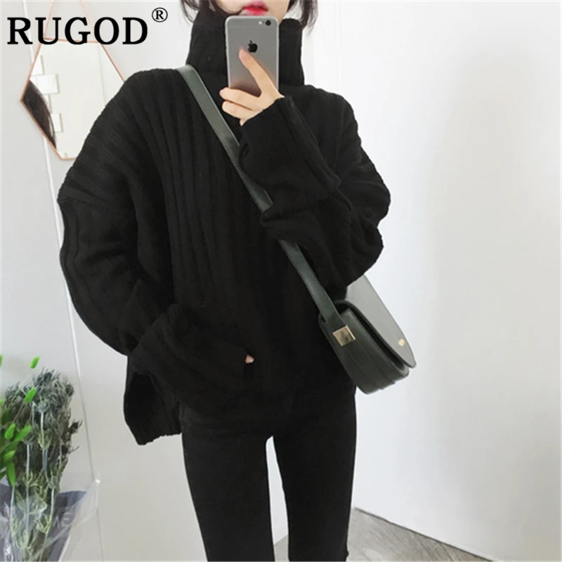 Женский вязаный свитер с высоким воротом RUGOD однотонный теплый длинным рукавом и