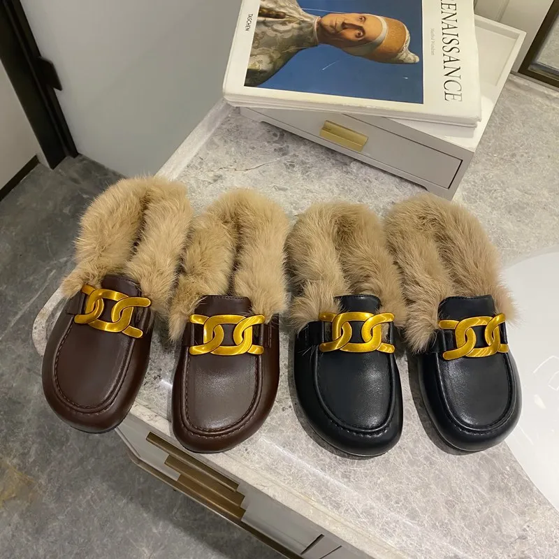 

Женские мюли без застежки, коричневые меховые теплые плюшевые туфли, шлепанцы с круглым носком, на плоской подошве, зимняя обувь, 2022