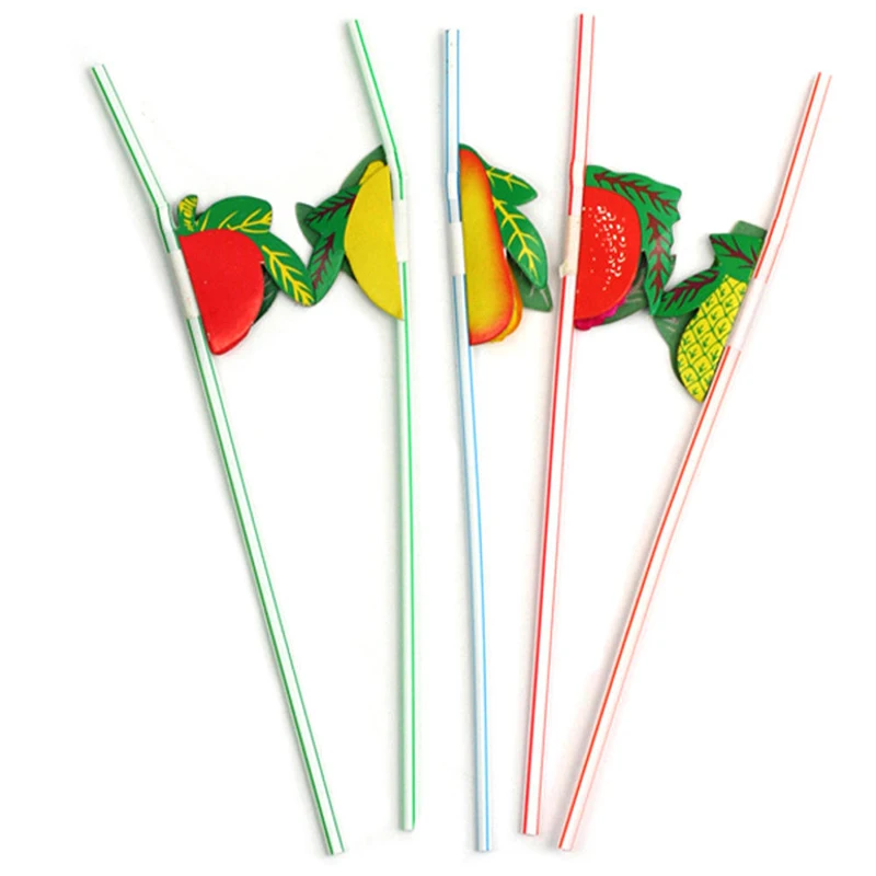 

50pcs/lot 24cm 3D Party Straw Multicolor Fruit Plastic Straw Cocktail Drinking Straw Hawaiian Party Decoration drink decor