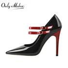 Туфли Onlymaker Женские с острым носком, классические, лакированная кожа, Туфли Мэри Джейн, тонкий каблук, черные и красные, большие размеры