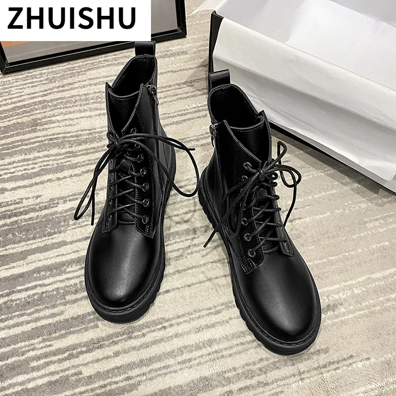 

2021 Women Solid Ankle Booties Winter Fashion Ladies Martin Booties Warm Women Boots Waterproof Leather Shoes Plus Size 35-40