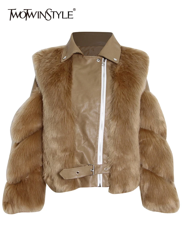 

TWOTWINSTYLE Patchwork Zipper Fur Casual Loose Solid Coat For Women Lapel Long Sleeve Fashion Coats Female 2021 Winter Clothes