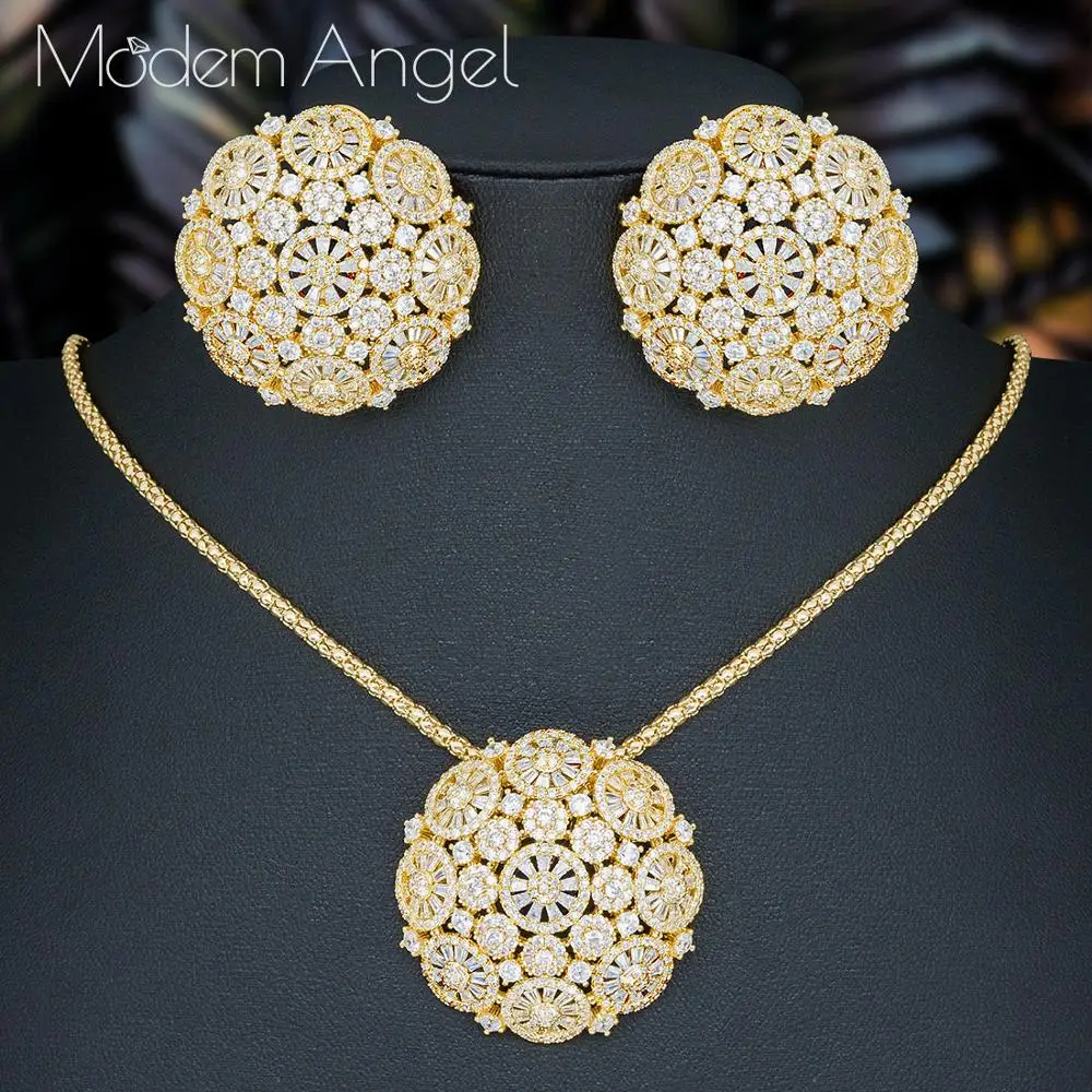 

ModemAngel luxury Round Delicate Flower Shiny AAA Cubic Zirconia Wedding 3 Tone Women Tassel Necklace Earring Fashion Jewelry