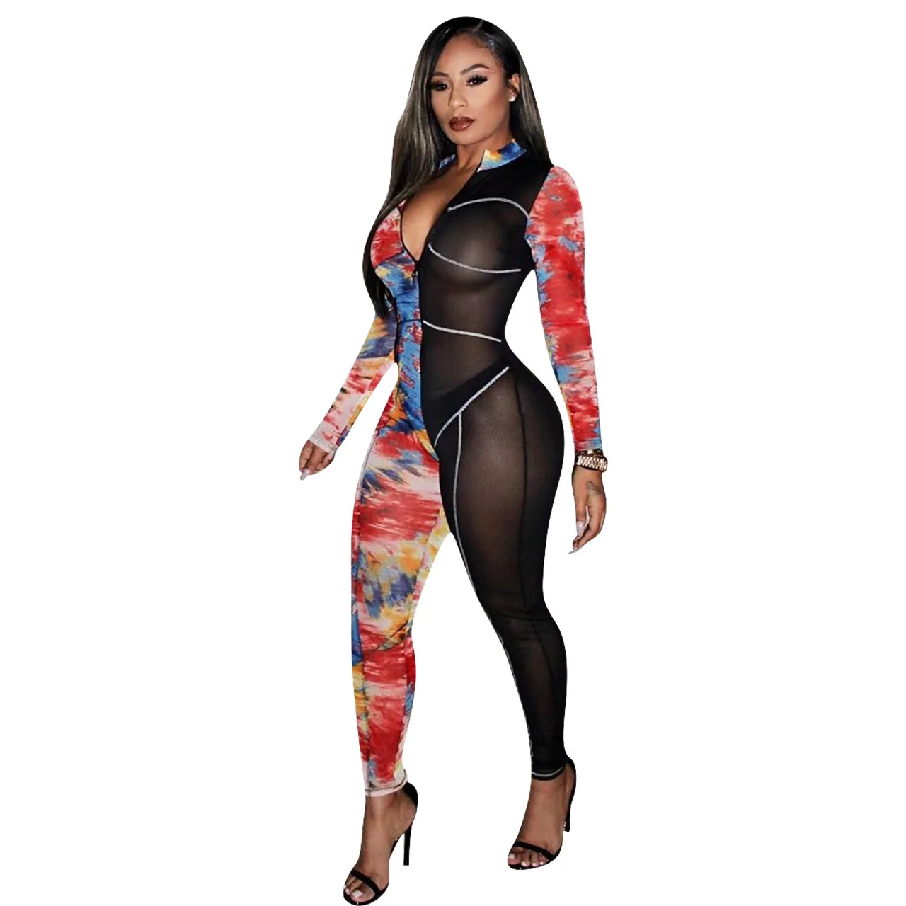 

HAOOHU Sexy Tie Dye Mesh Sheer Romper Womens Jumpsuits Long Sleeves Zip Fashion Clothing Bodycon One Piece Night Club Outfits