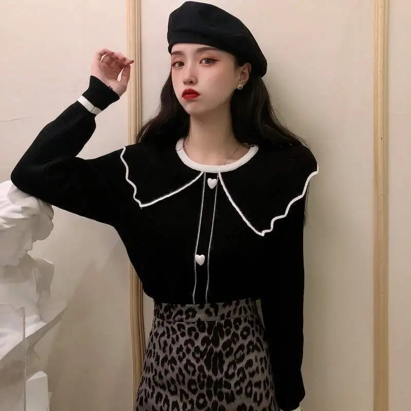 

2021 Vintage Sweet Knitted Sweater Women Fashion O Neck Single-breasted Long Sleeve Stretchy Female Pullovers Chic Tops Y163