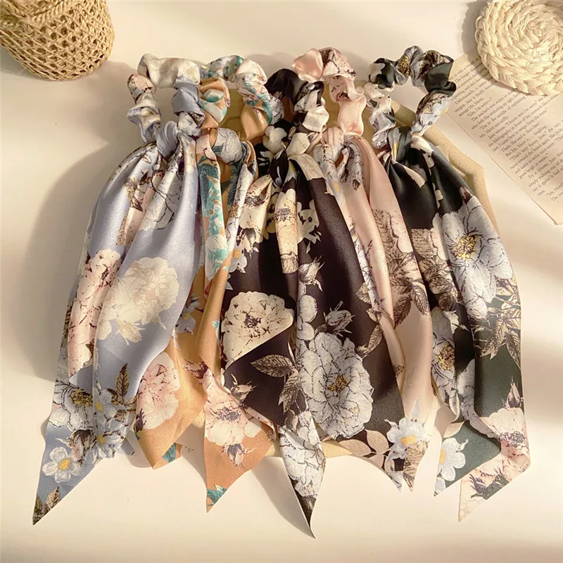 

Bohemian Long Hair Scrunchies Ribbons Floral Spot Elastic Hair Bands Hair Accessories Ponytail Hair Scarf For Women Girls