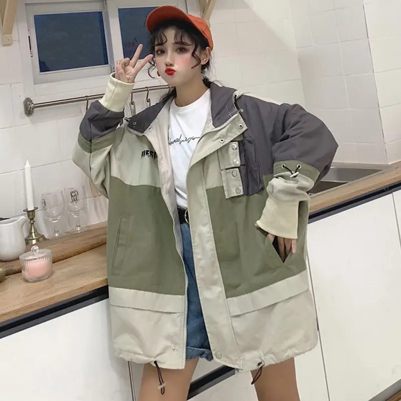 

Винтажная Осенняя новая куртка в стиле хип-хоп, Женская Весенняя куртка с капюшоном, Студенческая свободная Длинная ветровка в стиле Харадз...