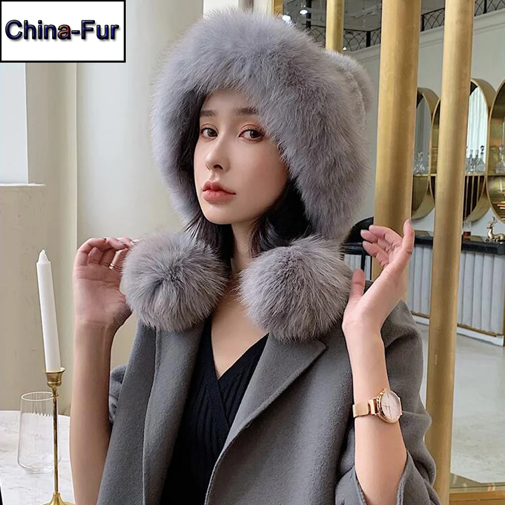 Лидер продаж Зимняя женская вязаная натуральная помпоны из лисьего меха шапка