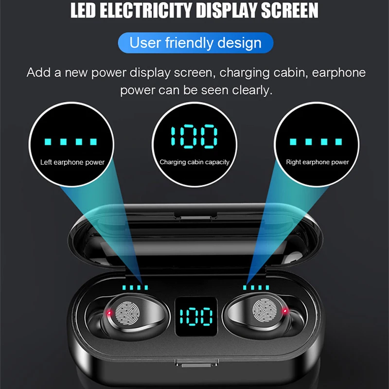 Wireless Earphone Bluetooth V5.0 F9 TWS Wireless Bluetooth Headphone LED Display With 2000mAh Power Bank Headset With Mic