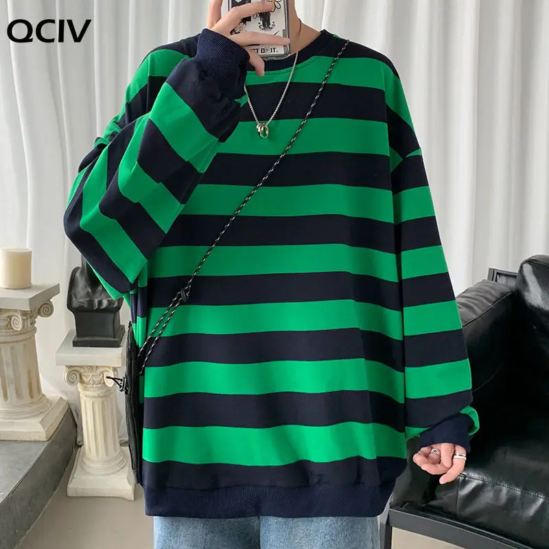 

Pullover Hoodie Men's Fashion Contrast Color Casual Striped Hoodies Men Streetwear Wild Loose O-neck Sweatshirt Mens M-5XL