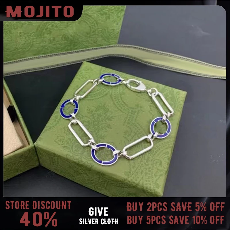 

S925 Sterling Silver New Blue Enamel Gg Bracelet Fashion Simple Retro Old Fashion Fine Luxury Brand Jewelry Party Lover Gift