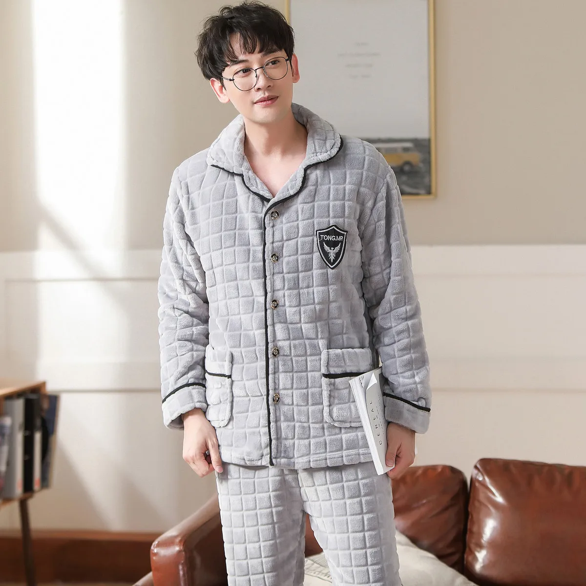 Осенне-зимняя Мужская Фланелевая Пижама серая однотонная Мультяшные пижамные