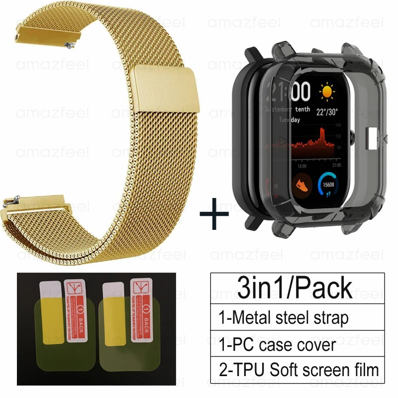 gold-black 3в1 Для Amazfit GTS ремешок+ ТПУ чехол для Huami Amazfit gts Smartwatch Защитная пленка для экрана браслет ремешок на запястье - Цвет: gold-black