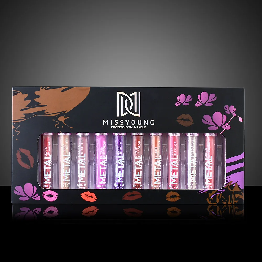 

12Pcs/Box Metallic Liquid Lipstick Lip Gloss Set Non-stick Cup Lip Glaze Makeup Pearly Beauty Makeup