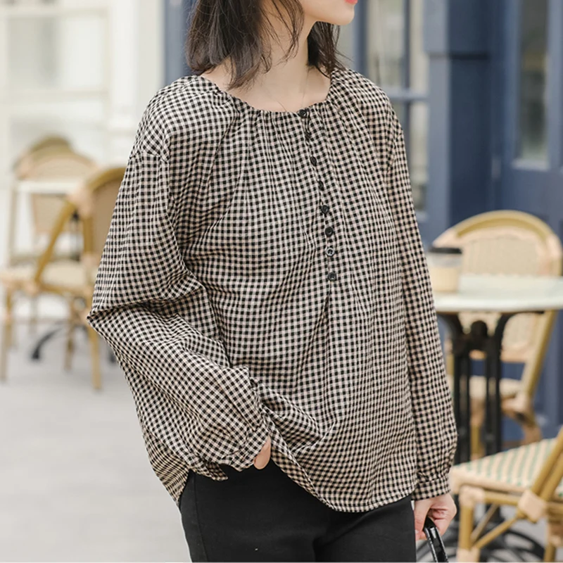 

Женская винтажная Блузка в клетку, коричневая Базовая Повседневная рубашка на пуговицах, Свободный пуловер с круглым вырезом, весна 2022