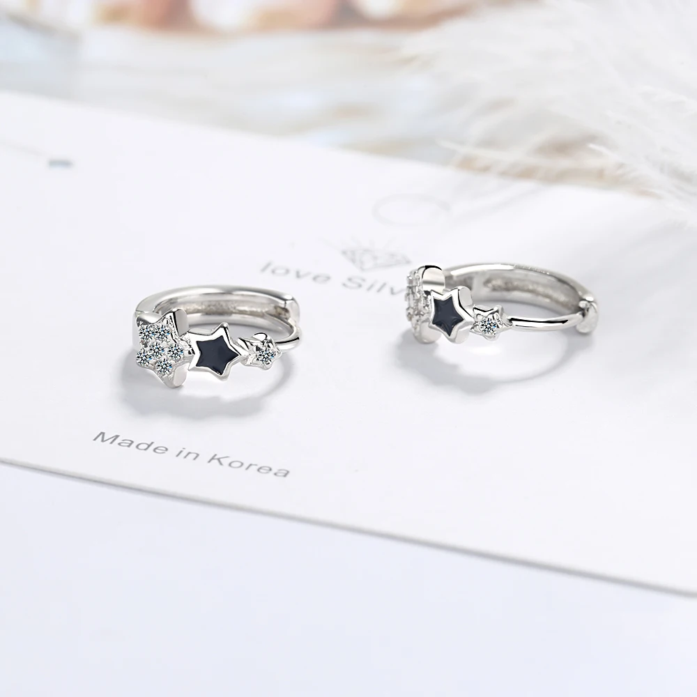 925 стерлингового серебра черный падения глазурь звезда Хооп Серьги мозаика