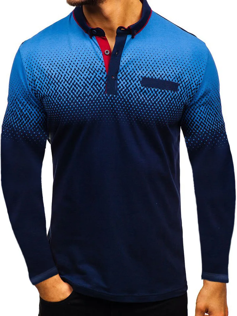 Поло para hombre Nuevo verano manga larga cuello vuelto тонкие повседневные топы транспарантные estampado 3D manga larga Polo - Цвет: Blue