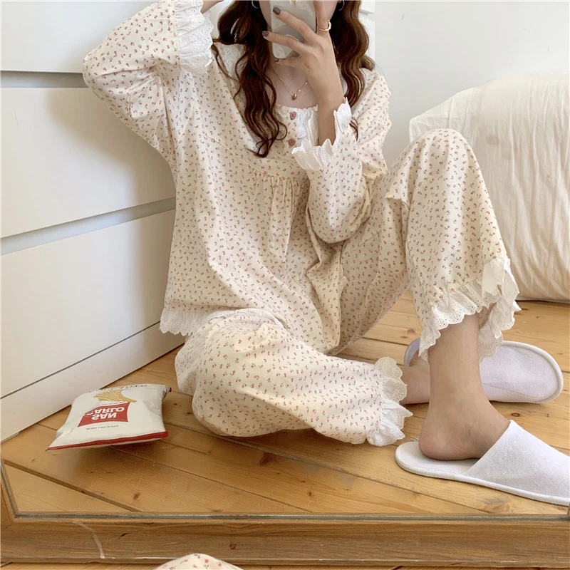 

2021 Two Pieces Suit Sweet Printing Lace Nightwear Cotton Pullover Casual Loose Fashion Long Sleeves Pajamas Set