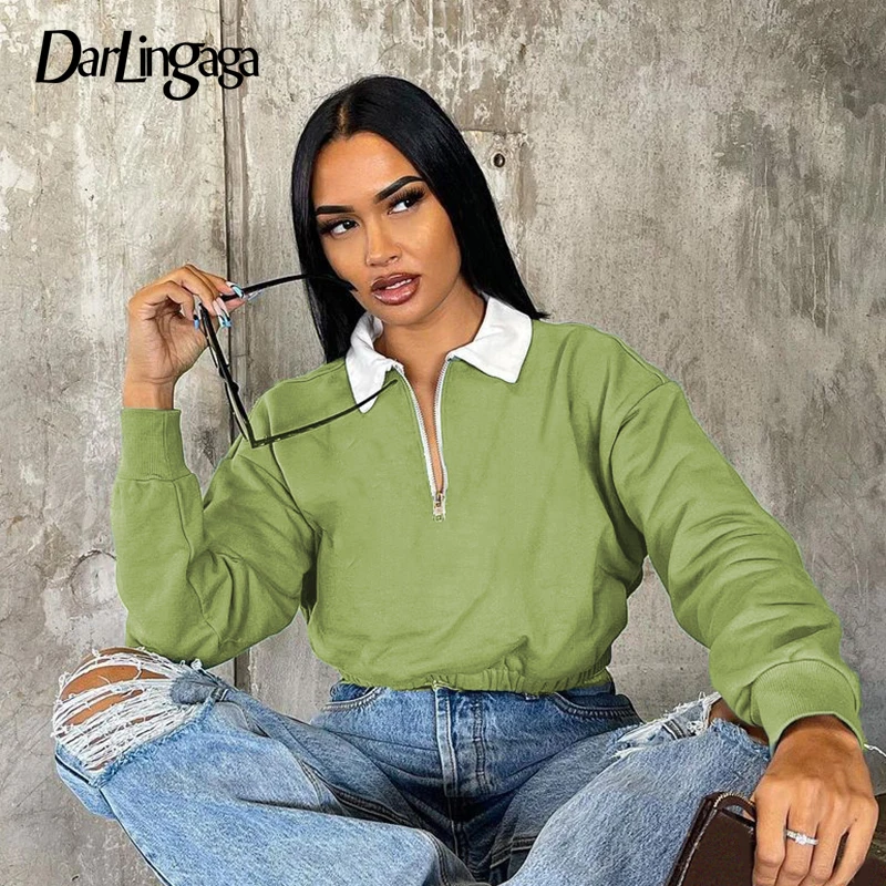 

Darlingaga Casual Green Turn Down Collar Sweatshirt Women Tops Harajuku Zipper Cropped Pullover Preppy Style Basic Jumpers 2022