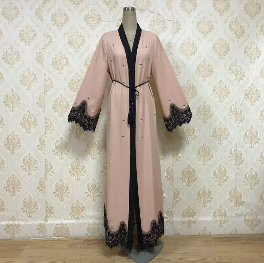 

Мусульманское платье Abaya, женское Элегантное Длинное платье со стразами на шнуровке, кимоно, кафтан, Дубай, Турция, исламский кружевной кард...