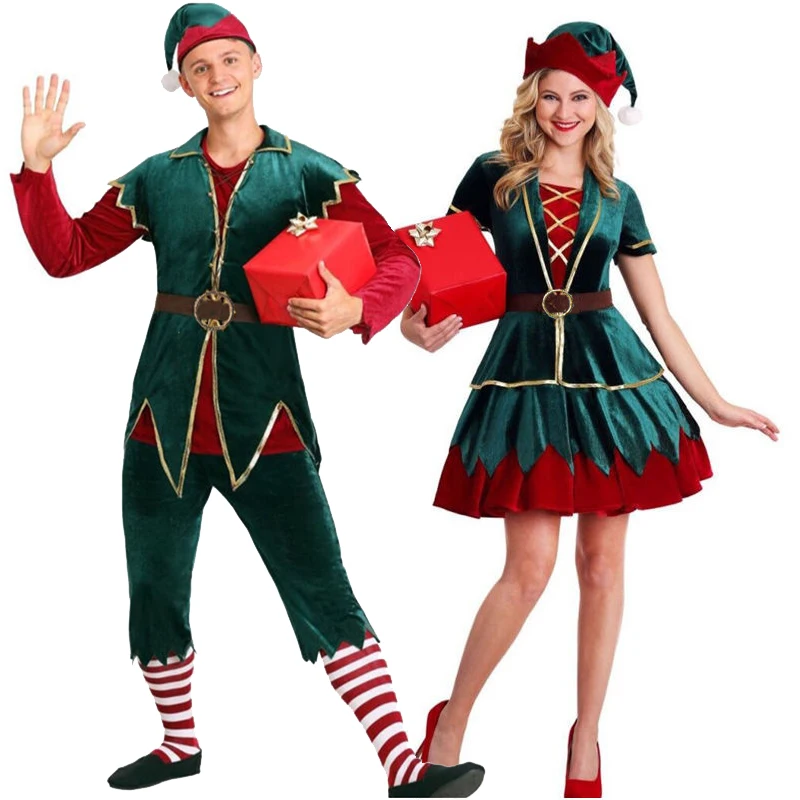 

Santa Claus Christmas Elf Cosplay Costume Adult Lady Man Xmas Jolly Naughty Mascot Cosplay Carnival Fancy Party Dress Couple Set