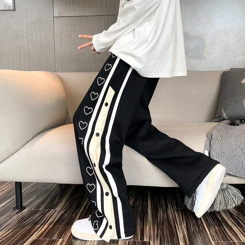 

Heart Print Wide Leg Pants Women Black Striped Joggers 90s Harajuku Trousers Alt Clothes Cute Boggy Jogger Kawaii Pants