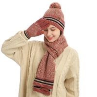 ladies warm neck scarf windproof hat warm hand gloves three piece set women winter hat and scarf gloves set