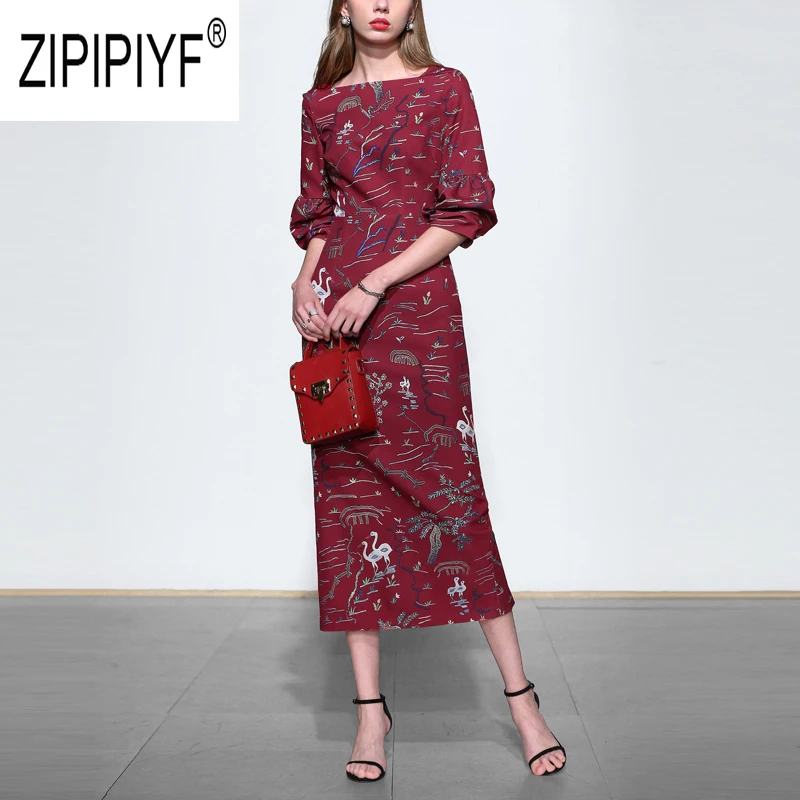 2019 осень зима Подиум модные женские платья с круглым вырезом три четверти рукав