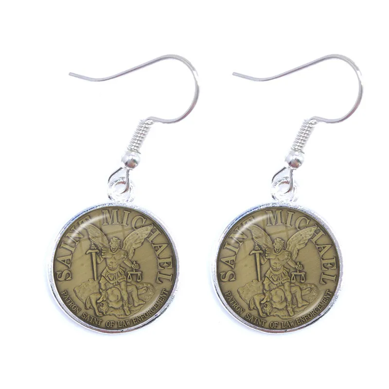 Glass Cabochon Earrings Archangel St.Michael Protect Me Saint Shield Protection Charm Russian Orhodox Drop Jewelry For Women | Украшения и