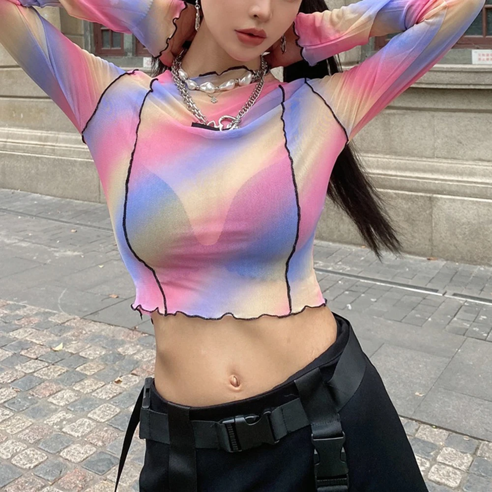 

Дышащая женская футболка с принтом тай-дай, сетчатый кроп-топ с оборками, женские Сексуальные облегающие топы, новинка 2021, уличная одежда, То...