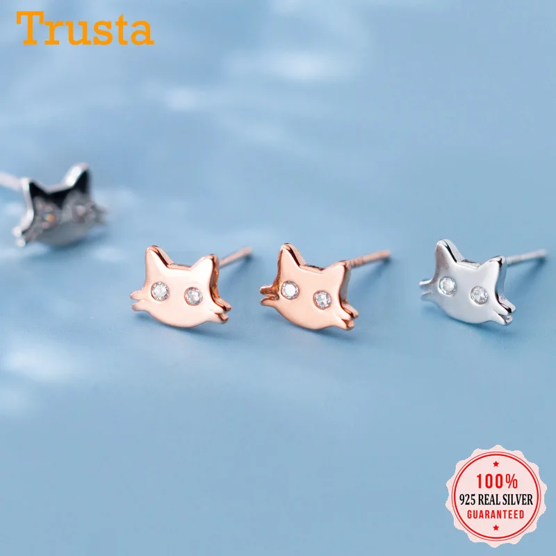 Серьги-гвоздики Trusta из натуральной 925 пробы, серебряные, милые, гладкие, с изображением котенка, ослепительные, CZ, для женщин, дочерей, девочек, свадебные ювелирные изделия DS1935