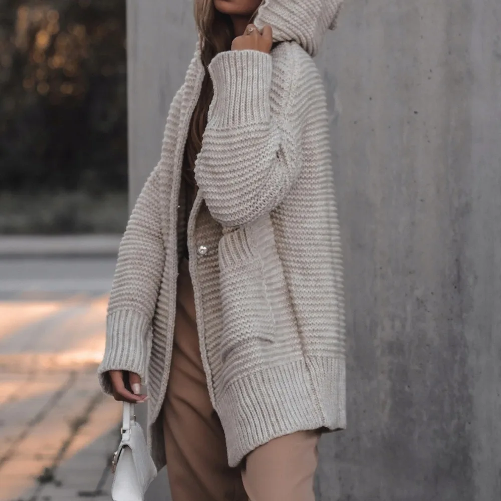 

Women Knitted Cardigan Autumn Winter Twist Hooded Sweater Coat Solid Color Cardigan Jacket Oversized Long Sleeve Fashion Outwear