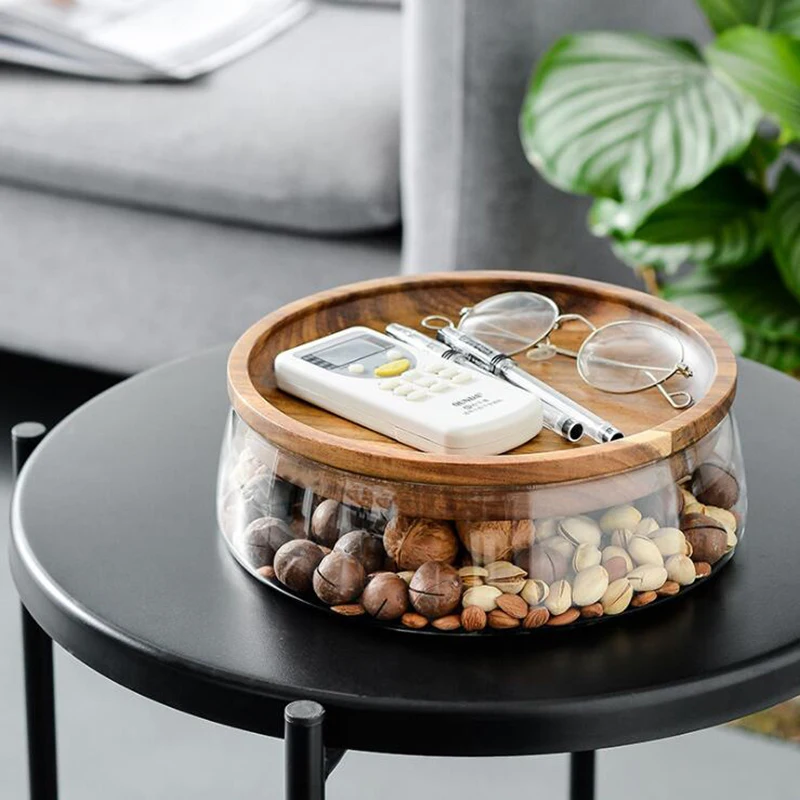 

Glass Fruits Storage Box with Wooden Lid Container Double Layer Candy Storage Box Nuts and Dry Fruits Container for Kitchen Tray