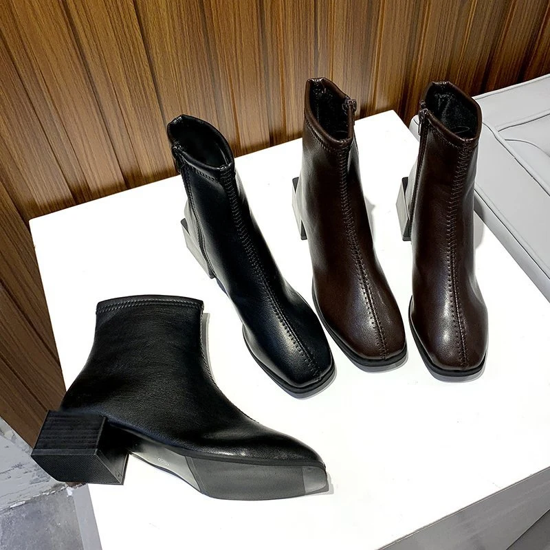 INS/Зимние Модные женские ботильоны на низком каблуке Винтажные коричневые